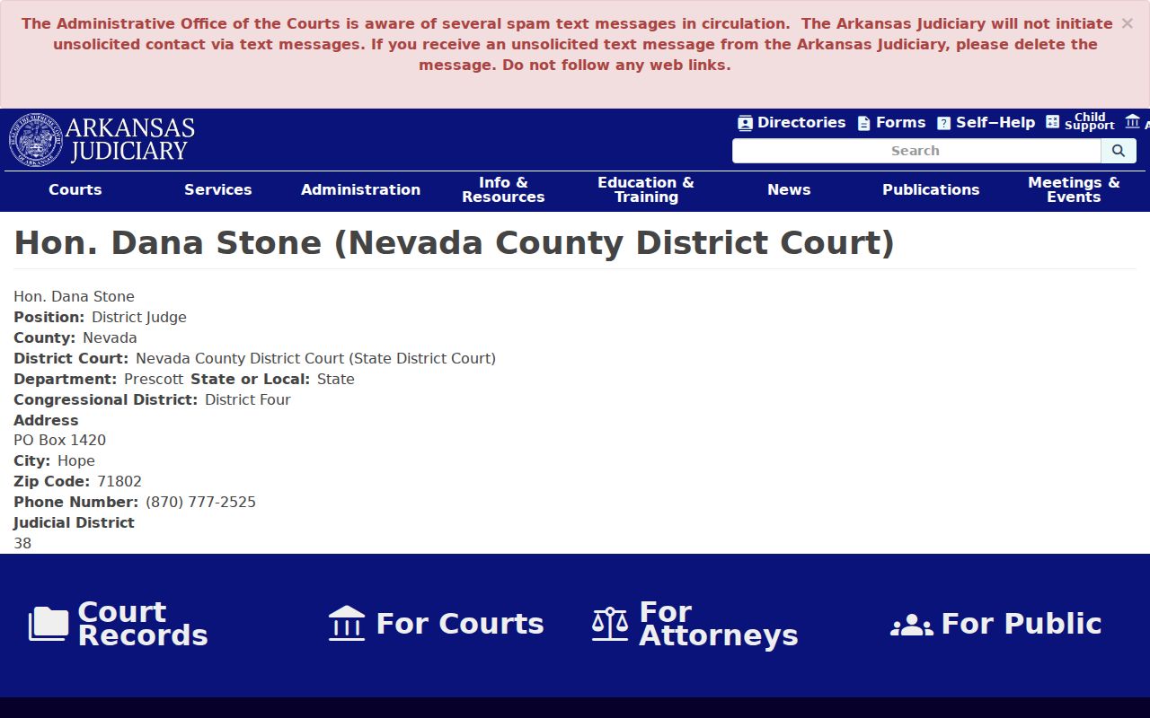 Arkansas Judiciary profile for the Nevada County District Court judge