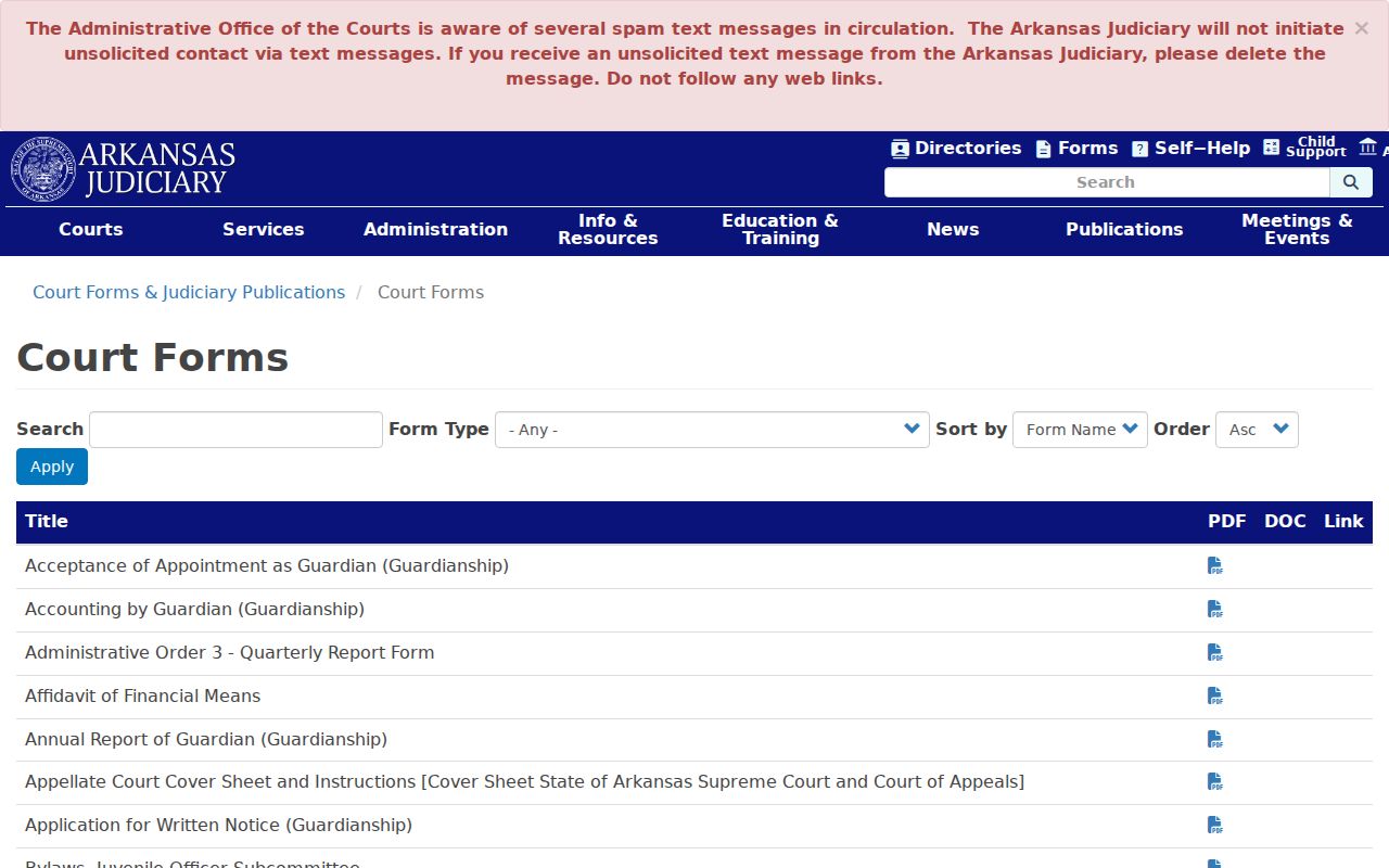 Arkansas Judiciary court forms index showing the arrest-warrant order form