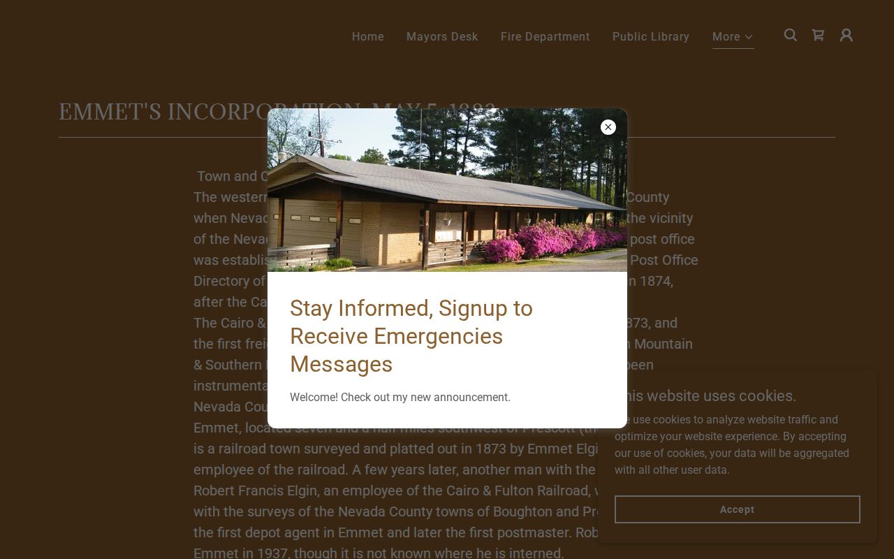 Official City of Emmet incorporation and history page explaining local geography